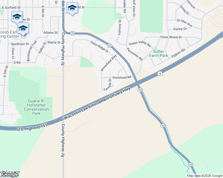 map of restaurants, bars, coffee shops, grocery stores, and more near 1216 Temple Drive in Mount Horeb