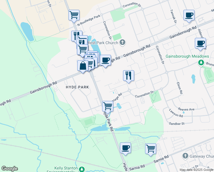map of restaurants, bars, coffee shops, grocery stores, and more near 1040 Coronation Drive in London