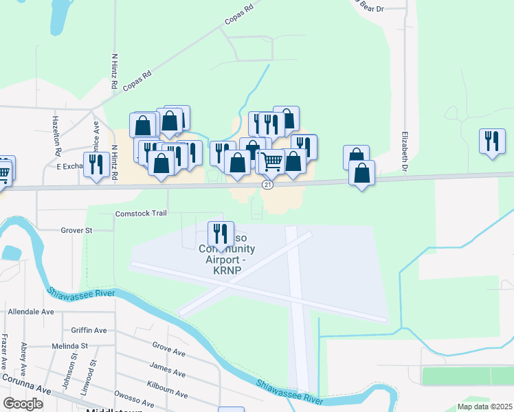 map of restaurants, bars, coffee shops, grocery stores, and more near 1580 East Main Street in Owosso