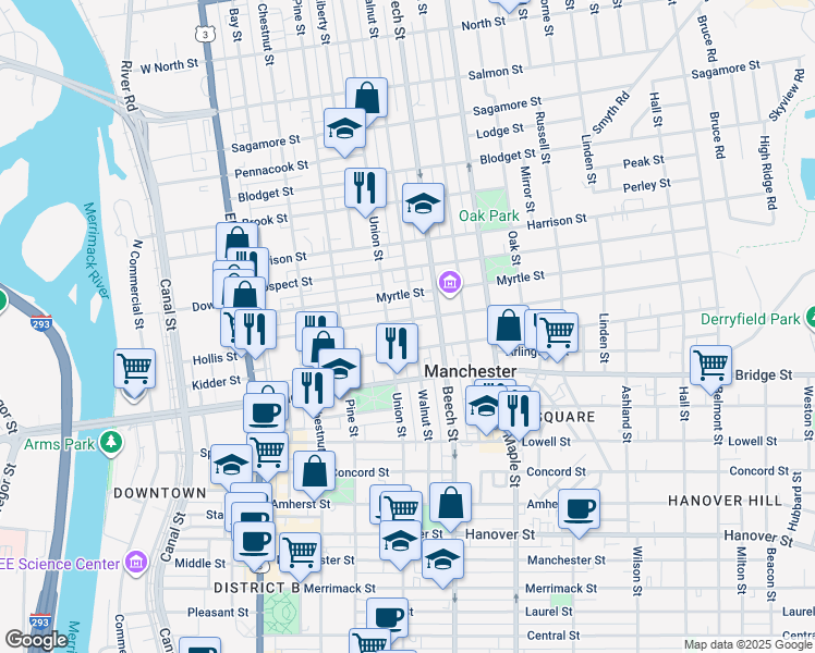 map of restaurants, bars, coffee shops, grocery stores, and more near 159 Orange Street in Manchester