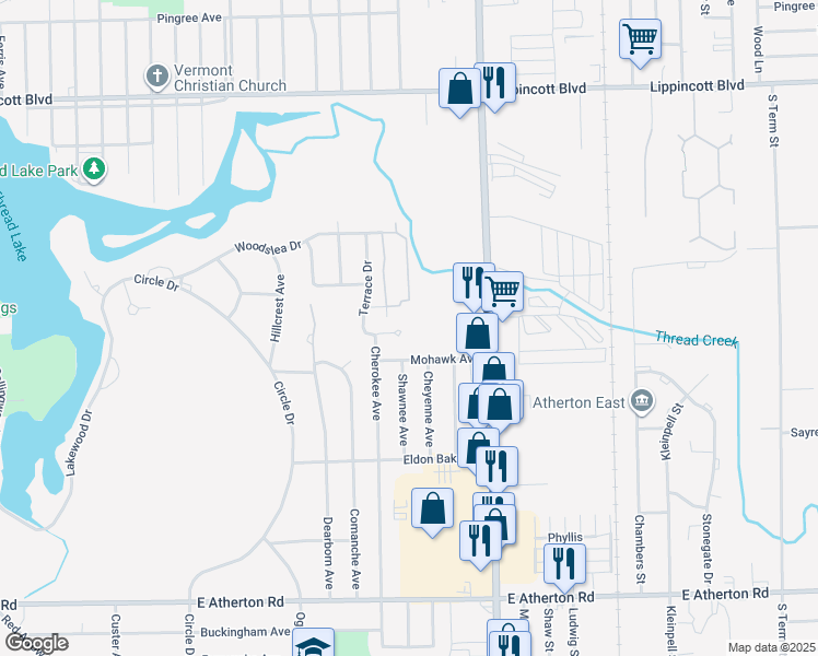map of restaurants, bars, coffee shops, grocery stores, and more near 1839 Terrace Court in Flint