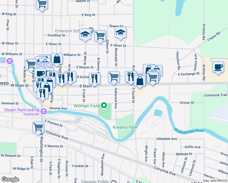 map of restaurants, bars, coffee shops, grocery stores, and more near 118 Oakwood Avenue in Owosso