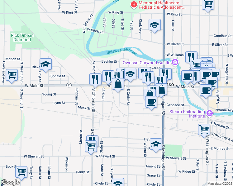 map of restaurants, bars, coffee shops, grocery stores, and more near 120 South Lansing Street in Owosso