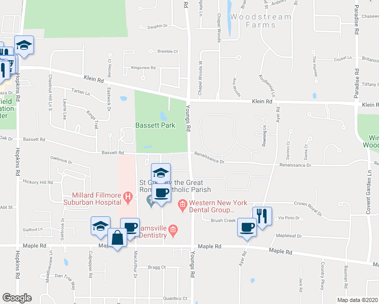 map of restaurants, bars, coffee shops, grocery stores, and more near 1197 Youngs Road in Buffalo