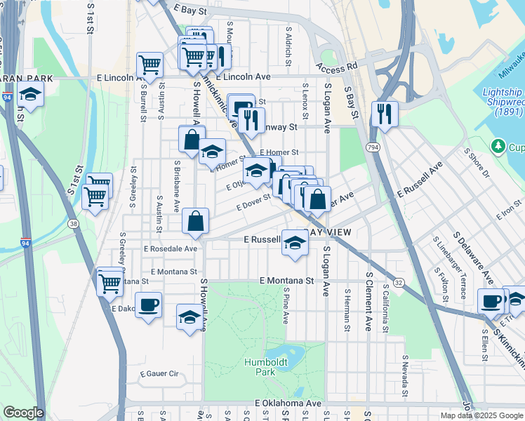 map of restaurants, bars, coffee shops, grocery stores, and more near 619 East Dover Street in Milwaukee