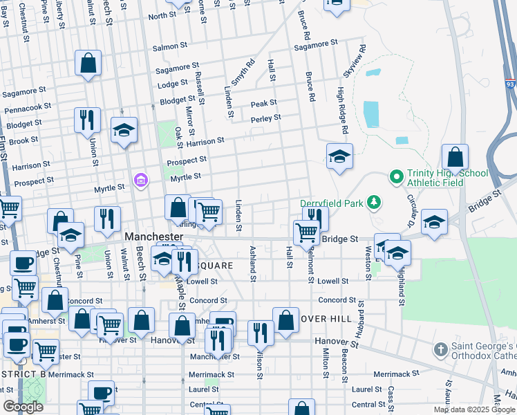 map of restaurants, bars, coffee shops, grocery stores, and more near 331 Pearl Street in Manchester