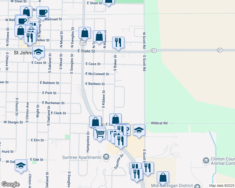 map of restaurants, bars, coffee shops, grocery stores, and more near 402 Meadowview Drive in Saint Johns