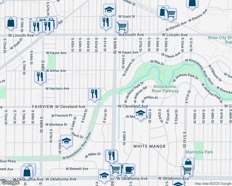 map of restaurants, bars, coffee shops, grocery stores, and more near in West Allis