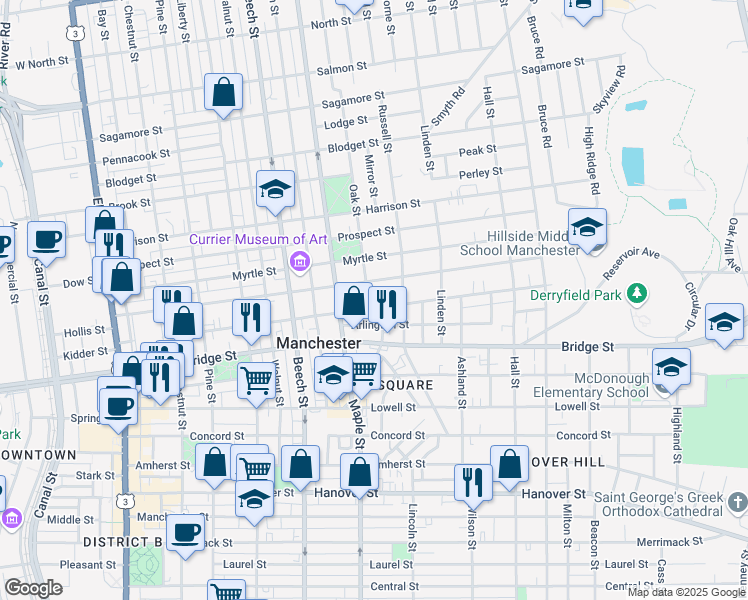 map of restaurants, bars, coffee shops, grocery stores, and more near 17 Oak Street in Manchester