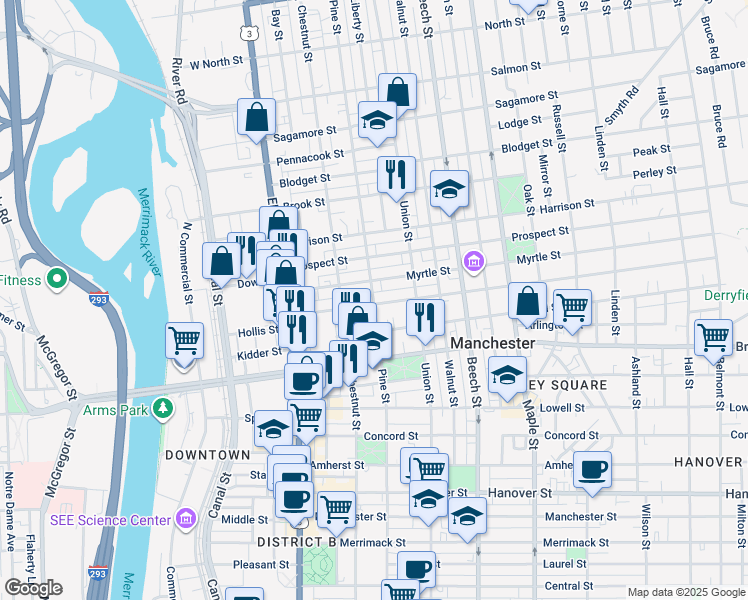 map of restaurants, bars, coffee shops, grocery stores, and more near 113 Myrtle Street in Manchester