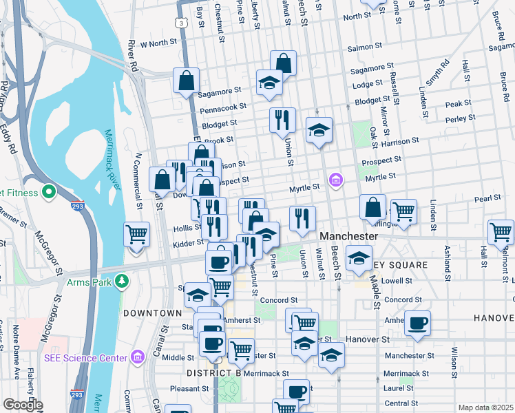 map of restaurants, bars, coffee shops, grocery stores, and more near 113 Myrtle Street in Manchester