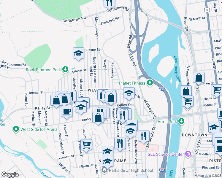map of restaurants, bars, coffee shops, grocery stores, and more near 661 Hevey Street in Manchester