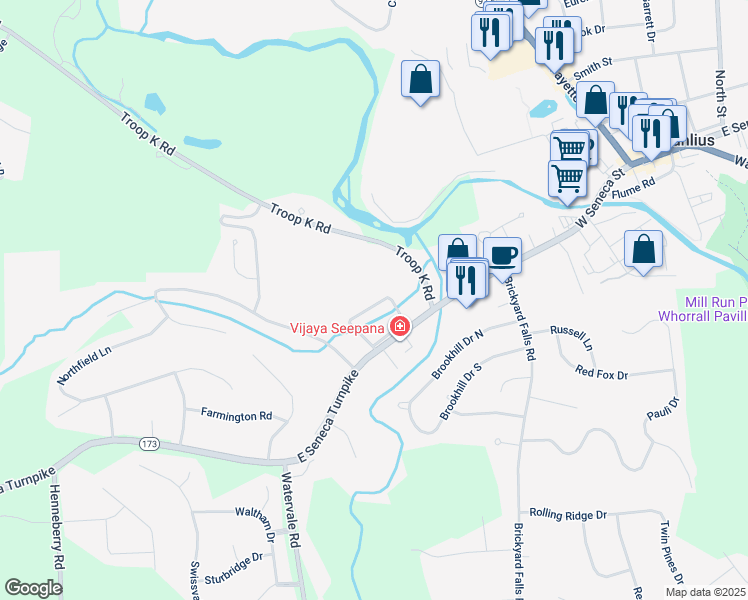 map of restaurants, bars, coffee shops, grocery stores, and more near 4695 Troop K Road in Manlius