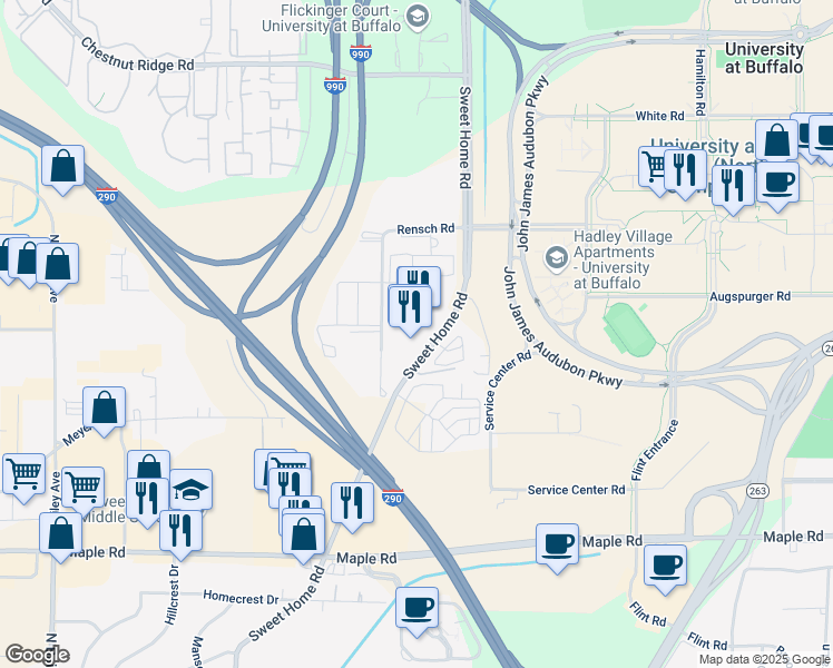 map of restaurants, bars, coffee shops, grocery stores, and more near 3925 Rensch Road in Buffalo