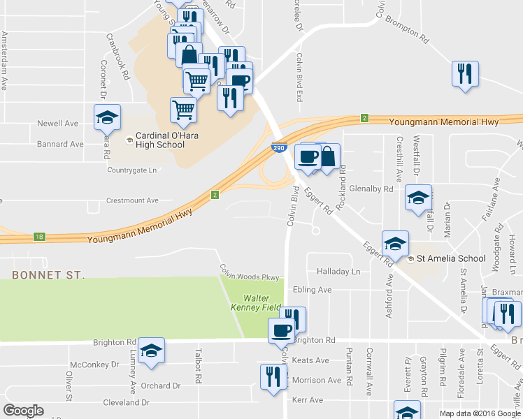 map of restaurants, bars, coffee shops, grocery stores, and more near 30 Embassy Square in Tonawanda