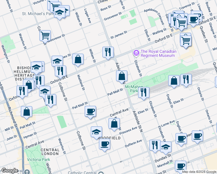 map of restaurants, bars, coffee shops, grocery stores, and more near in London