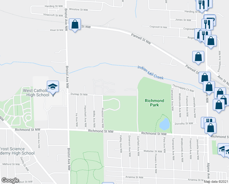 map of restaurants, bars, coffee shops, grocery stores, and more near 1844 Preston Court Northwest in Grand Rapids