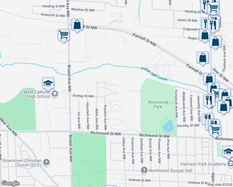 map of restaurants, bars, coffee shops, grocery stores, and more near 1842 Preston Court Northwest in Grand Rapids