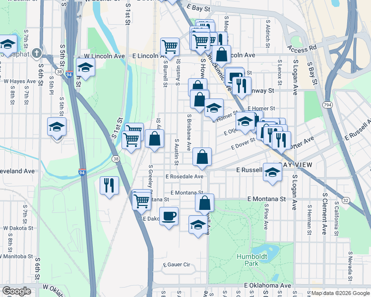 map of restaurants, bars, coffee shops, grocery stores, and more near 2567 South Brisbane Avenue in Milwaukee