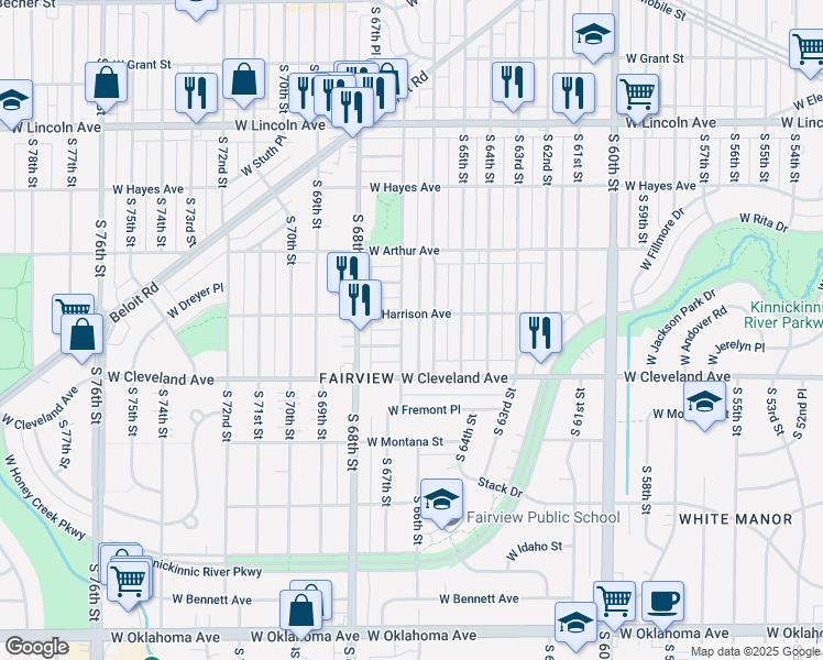 map of restaurants, bars, coffee shops, grocery stores, and more near 6700 West Harrison Avenue in Milwaukee