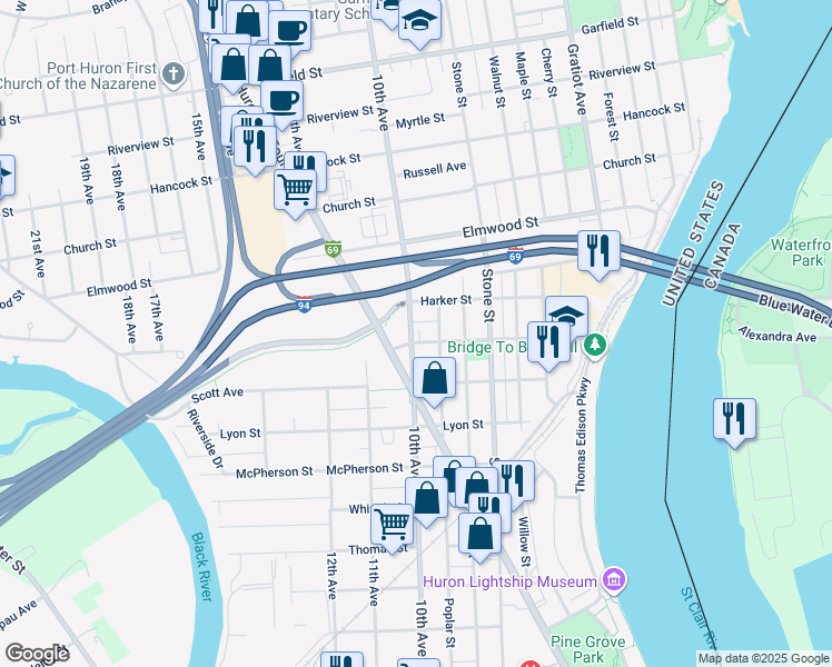 map of restaurants, bars, coffee shops, grocery stores, and more near 2122 10th Avenue in Port Huron