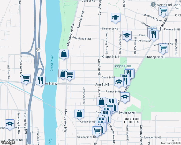 map of restaurants, bars, coffee shops, grocery stores, and more near 119 Burr Oak Street Northeast in Grand Rapids
