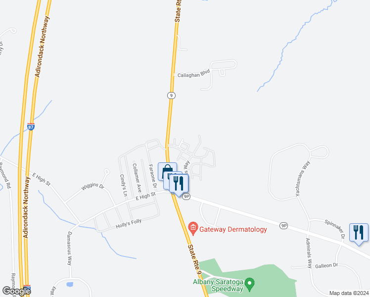 map of restaurants, bars, coffee shops, grocery stores, and more near 301 Steeplechase Boulevard in Ballston Spa