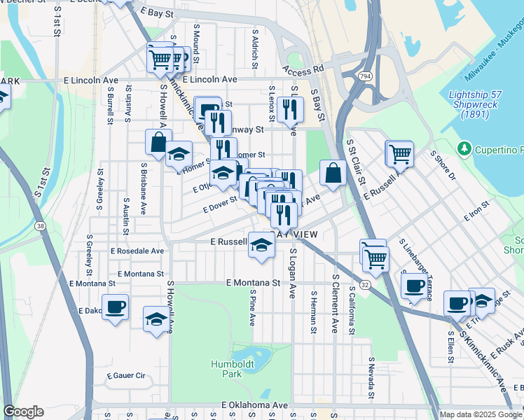 map of restaurants, bars, coffee shops, grocery stores, and more near South Kinnickinnic Avenue & East Potter Avenue in Milwaukee