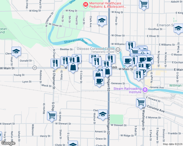 map of restaurants, bars, coffee shops, grocery stores, and more near 114 South Howell Street in Owosso