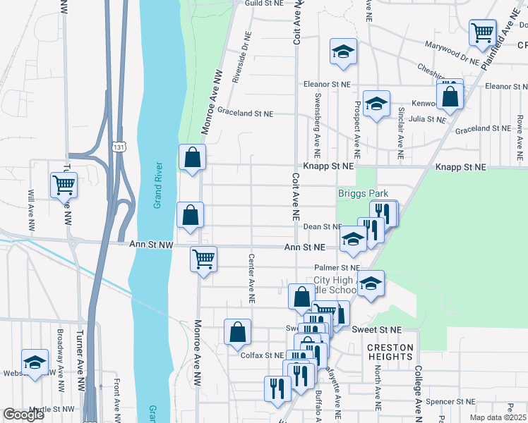 map of restaurants, bars, coffee shops, grocery stores, and more near 118 Burr Oak Street Northeast in Grand Rapids