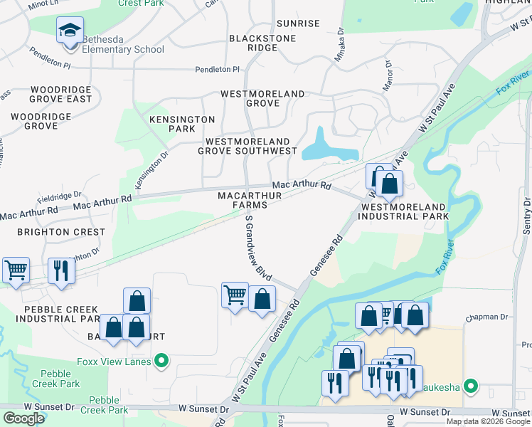 map of restaurants, bars, coffee shops, grocery stores, and more near 1201 South Grandview Boulevard in Waukesha