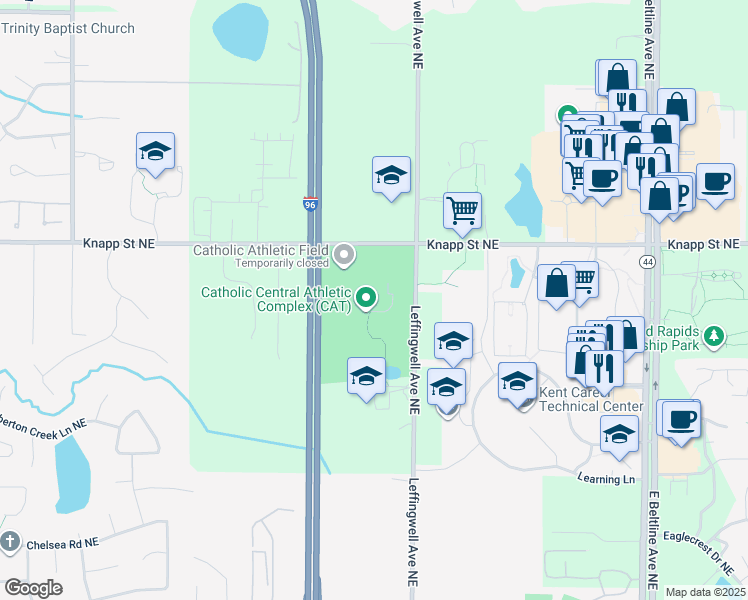 map of restaurants, bars, coffee shops, grocery stores, and more near 2700 Knapp Street Northeast in Grand Rapids