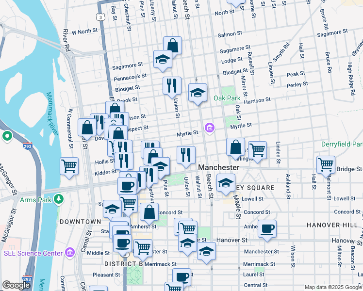 map of restaurants, bars, coffee shops, grocery stores, and more near Union St & Orange St in Manchester