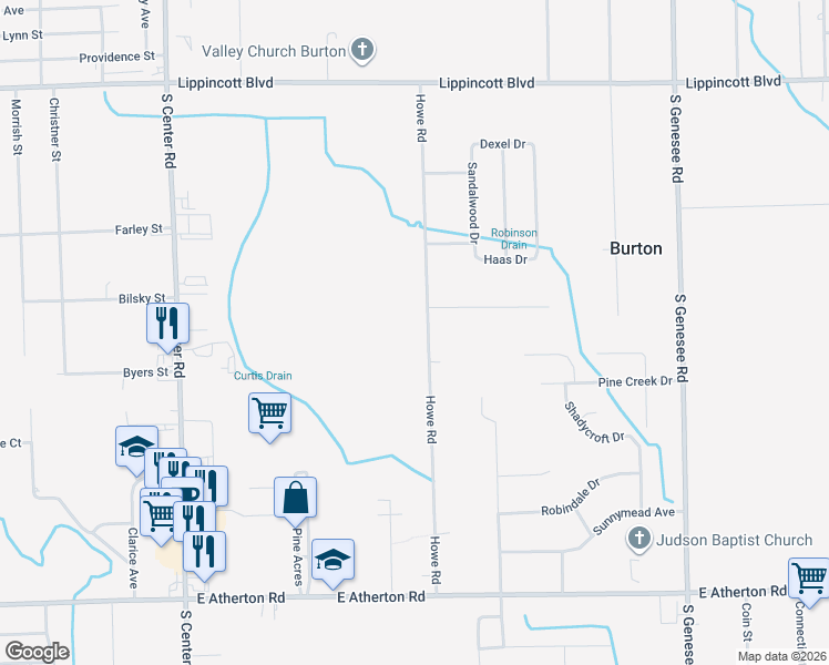 map of restaurants, bars, coffee shops, grocery stores, and more near 2252 Howe Road in Burton