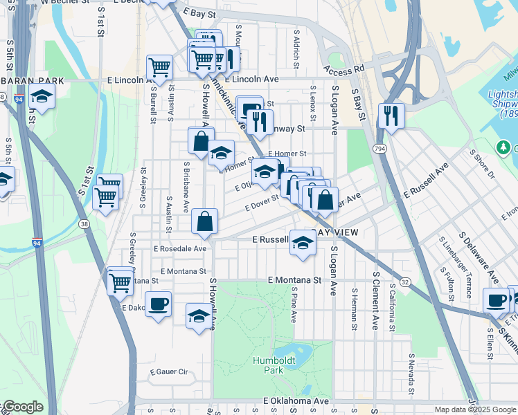 map of restaurants, bars, coffee shops, grocery stores, and more near 619 East Dover Street in Milwaukee