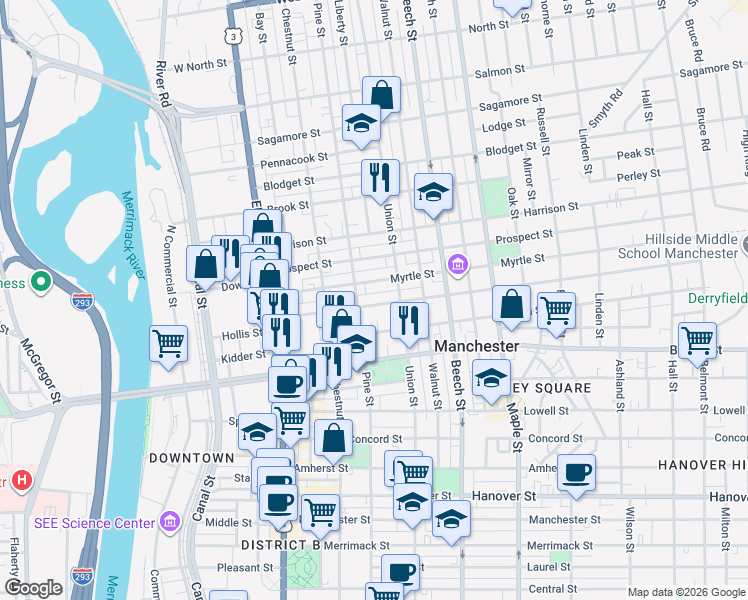 map of restaurants, bars, coffee shops, grocery stores, and more near 143 Myrtle Street in Manchester
