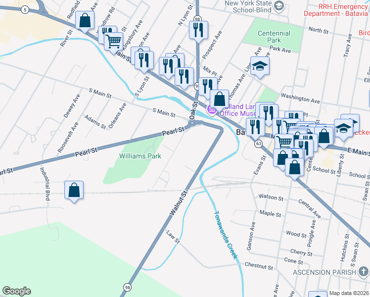 map of restaurants, bars, coffee shops, grocery stores, and more near 14 Franklin Street in Batavia