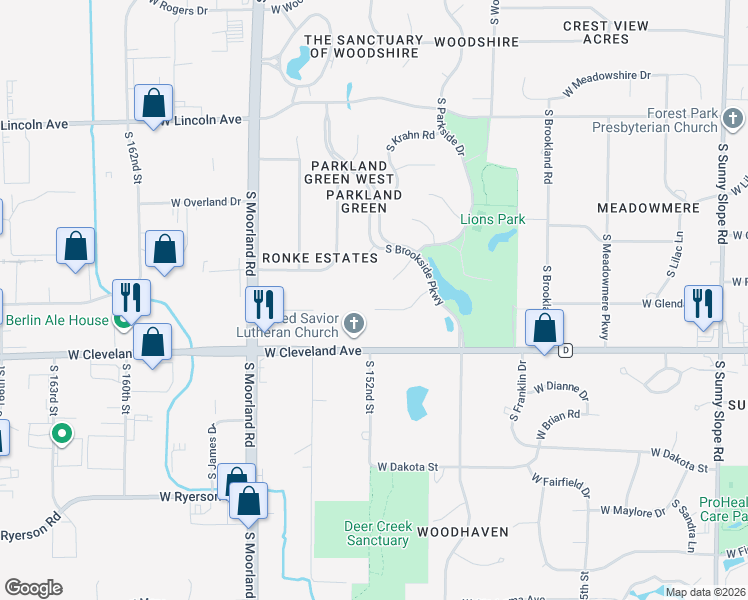 map of restaurants, bars, coffee shops, grocery stores, and more near 2595 South Parkside Court in New Berlin