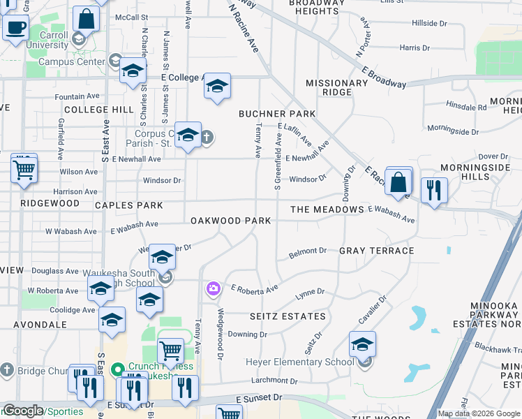 map of restaurants, bars, coffee shops, grocery stores, and more near 735 Oxford Road in Waukesha