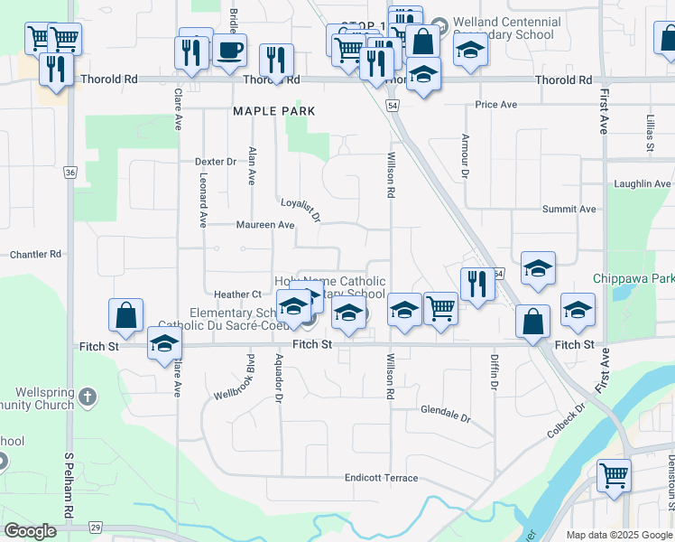 map of restaurants, bars, coffee shops, grocery stores, and more near Westwood Crescent in Welland
