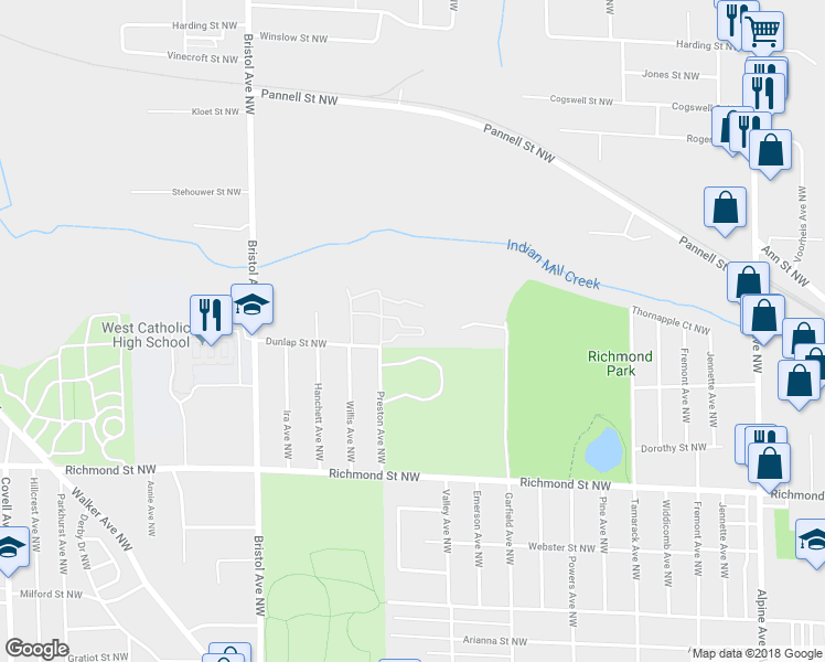 map of restaurants, bars, coffee shops, grocery stores, and more near 1422 Preston Ridge NW in Grand Rapids