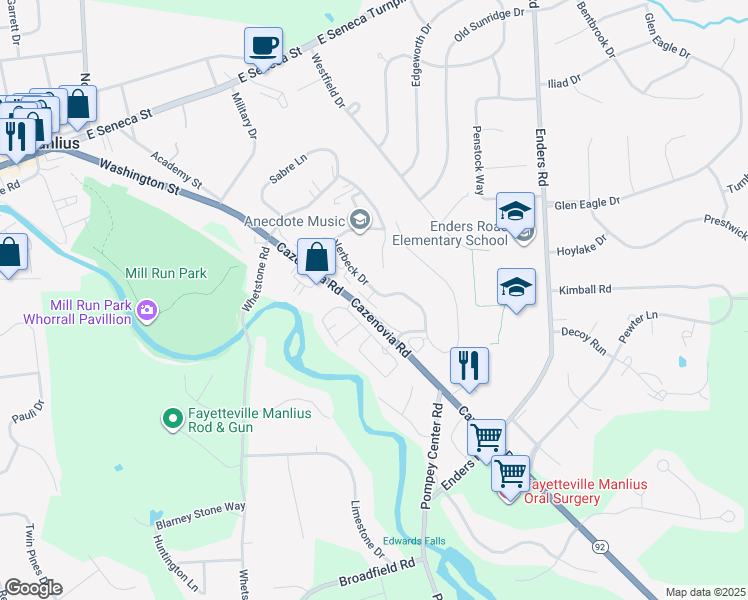 map of restaurants, bars, coffee shops, grocery stores, and more near 8121 Verbeck Drive in Manlius