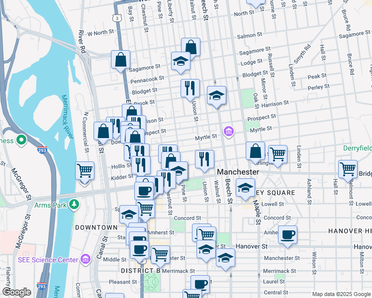 map of restaurants, bars, coffee shops, grocery stores, and more near 113 Myrtle Street in Manchester