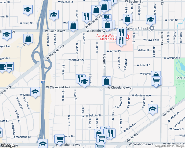 map of restaurants, bars, coffee shops, grocery stores, and more near 2565 South 93rd Street in West Allis