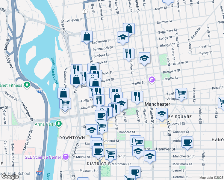 map of restaurants, bars, coffee shops, grocery stores, and more near 84 Myrtle Street in Manchester