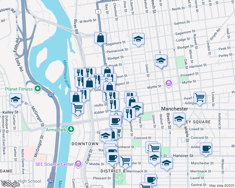 map of restaurants, bars, coffee shops, grocery stores, and more near 32 Myrtle Street in Manchester