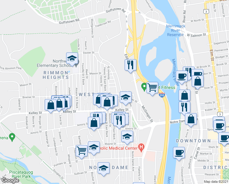 map of restaurants, bars, coffee shops, grocery stores, and more near 10 Quirin Street in Manchester