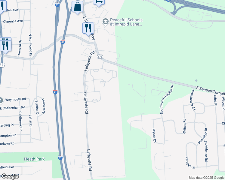 map of restaurants, bars, coffee shops, grocery stores, and more near 111 Lafayette Road in Syracuse