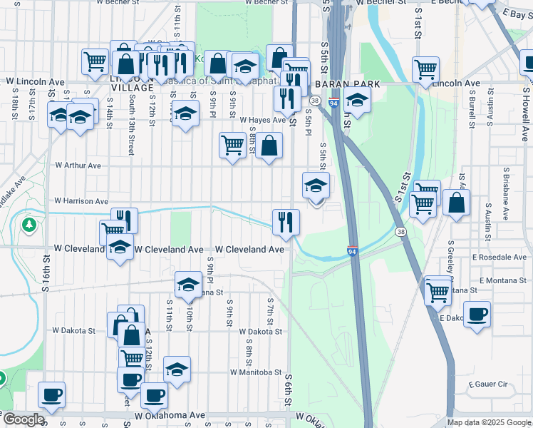 map of restaurants, bars, coffee shops, grocery stores, and more near 2600 South 8th Street in Milwaukee