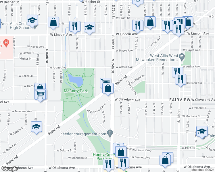map of restaurants, bars, coffee shops, grocery stores, and more near 2575 South 76th Street in West Allis